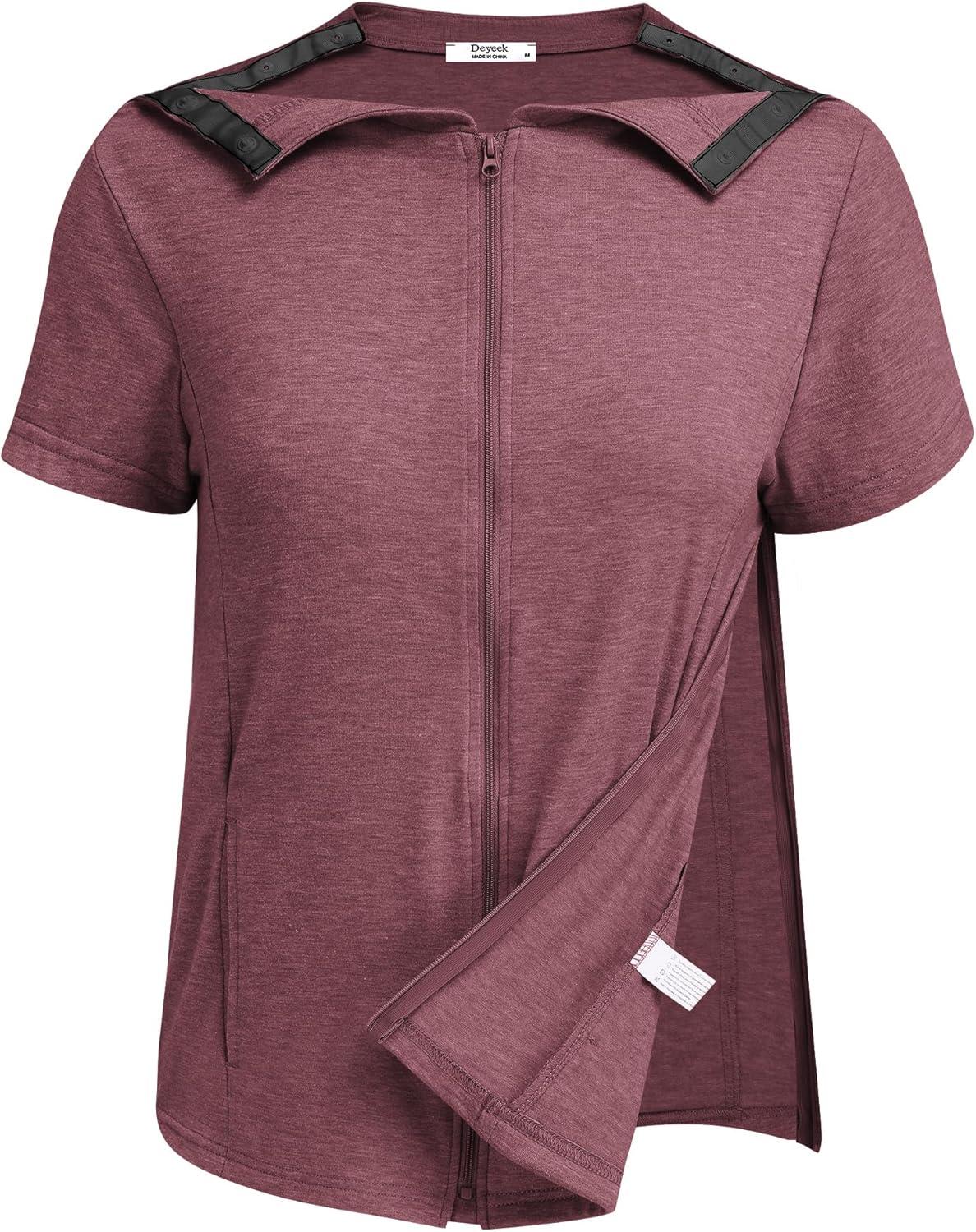imageDeyeek Mastectomy Shirts with Drain Pockets Post Shoulder Surgery Tops for Women Chemo Port Short Sleeve with Zippers