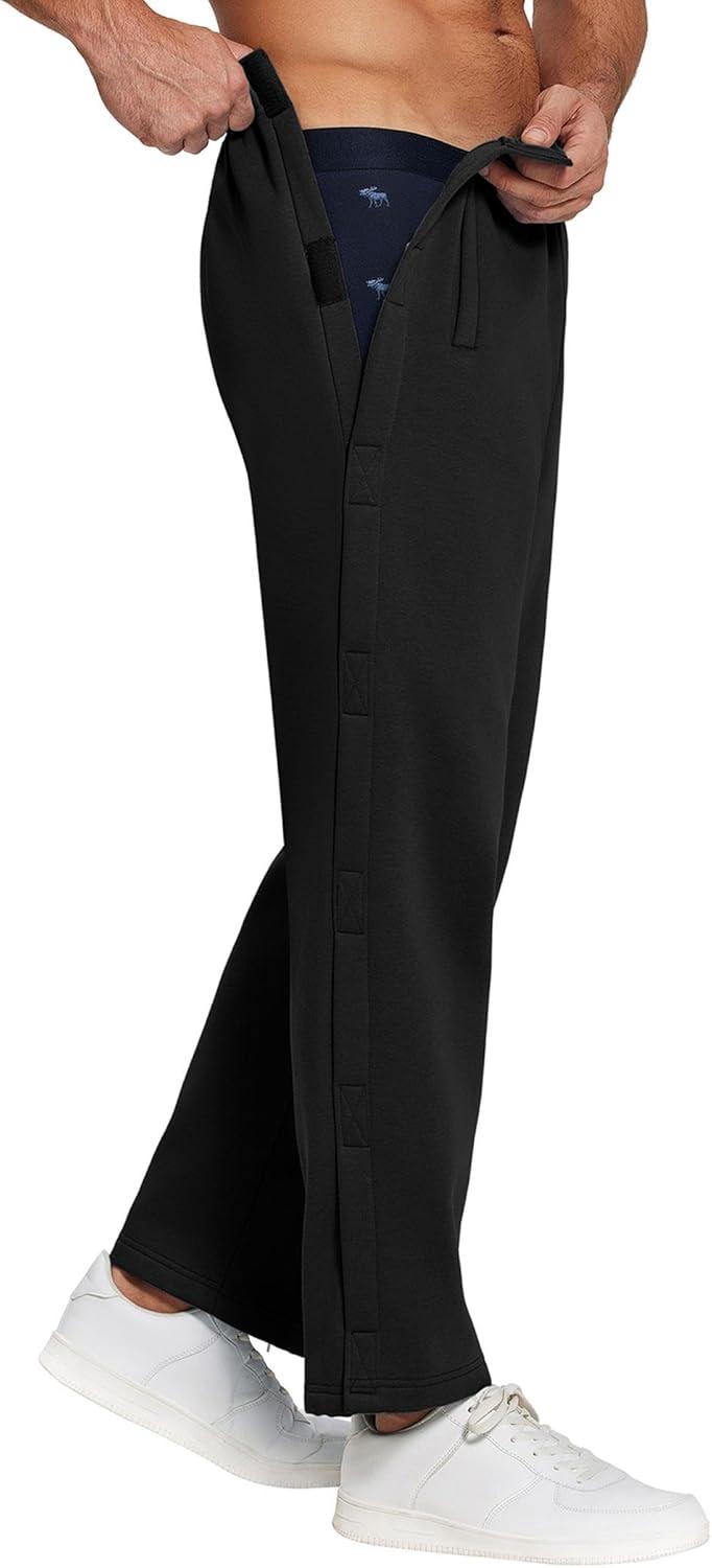 imageDeyeek Mens Fleece Tear Away Pants Loose Fit Post Knee Replacement Surgery Pants Breakaway Sweatpants Side Snap with PocketsBlack