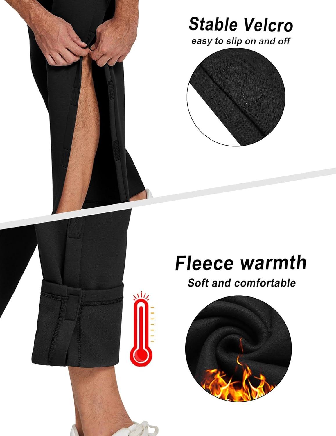 imageDeyeek Mens Fleece Tear Away Pants Loose Fit Post Knee Replacement Surgery Pants Breakaway Sweatpants Side Snap with PocketsBlack