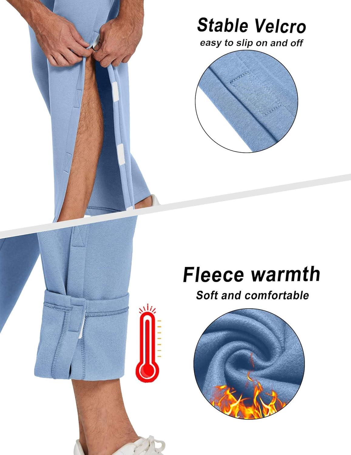 imageDeyeek Mens Fleece Tear Away Pants Loose Fit Post Knee Replacement Surgery Pants Breakaway Sweatpants Side Snap with PocketsBlue