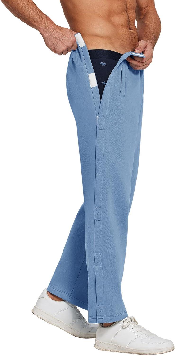 imageDeyeek Mens Fleece Tear Away Pants Loose Fit Post Knee Replacement Surgery Pants Breakaway Sweatpants Side Snap with PocketsBlue
