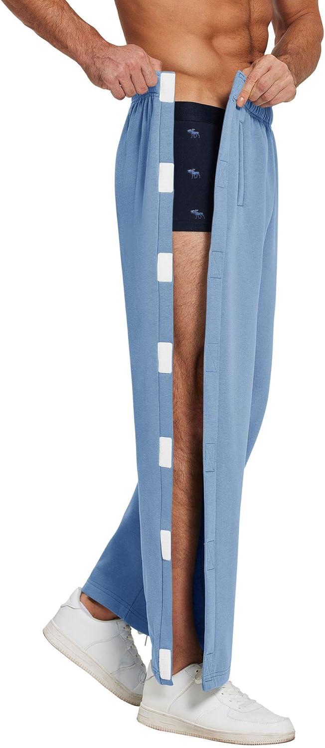 imageDeyeek Mens Fleece Tear Away Pants Loose Fit Post Knee Replacement Surgery Pants Breakaway Sweatpants Side Snap with PocketsBlue