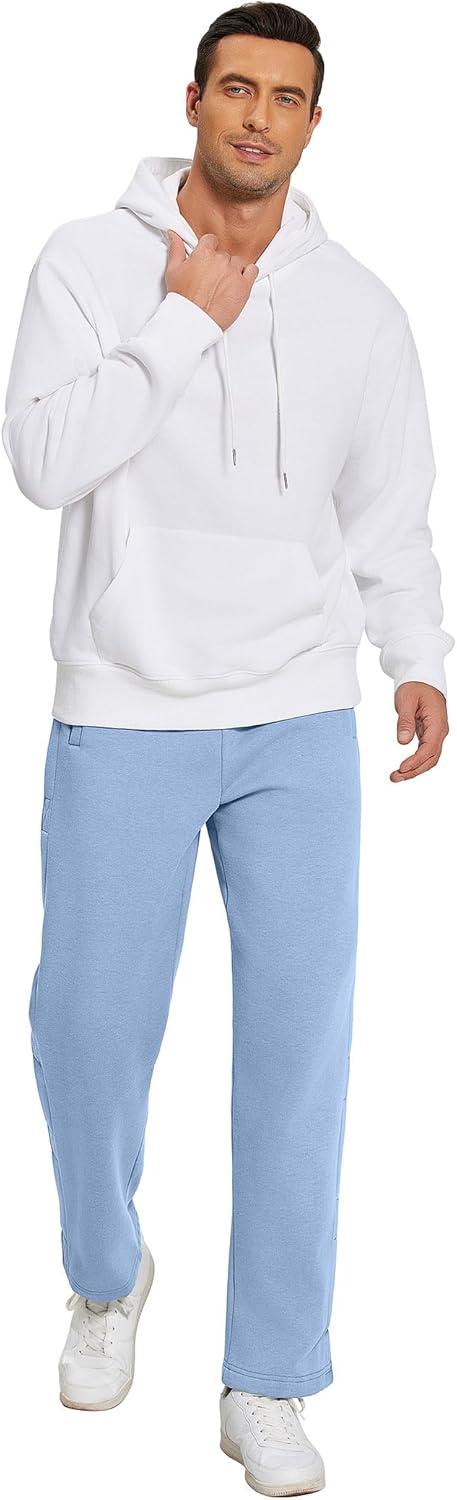 imageDeyeek Mens Fleece Tear Away Pants Loose Fit Post Knee Replacement Surgery Pants Breakaway Sweatpants Side Snap with PocketsBlue