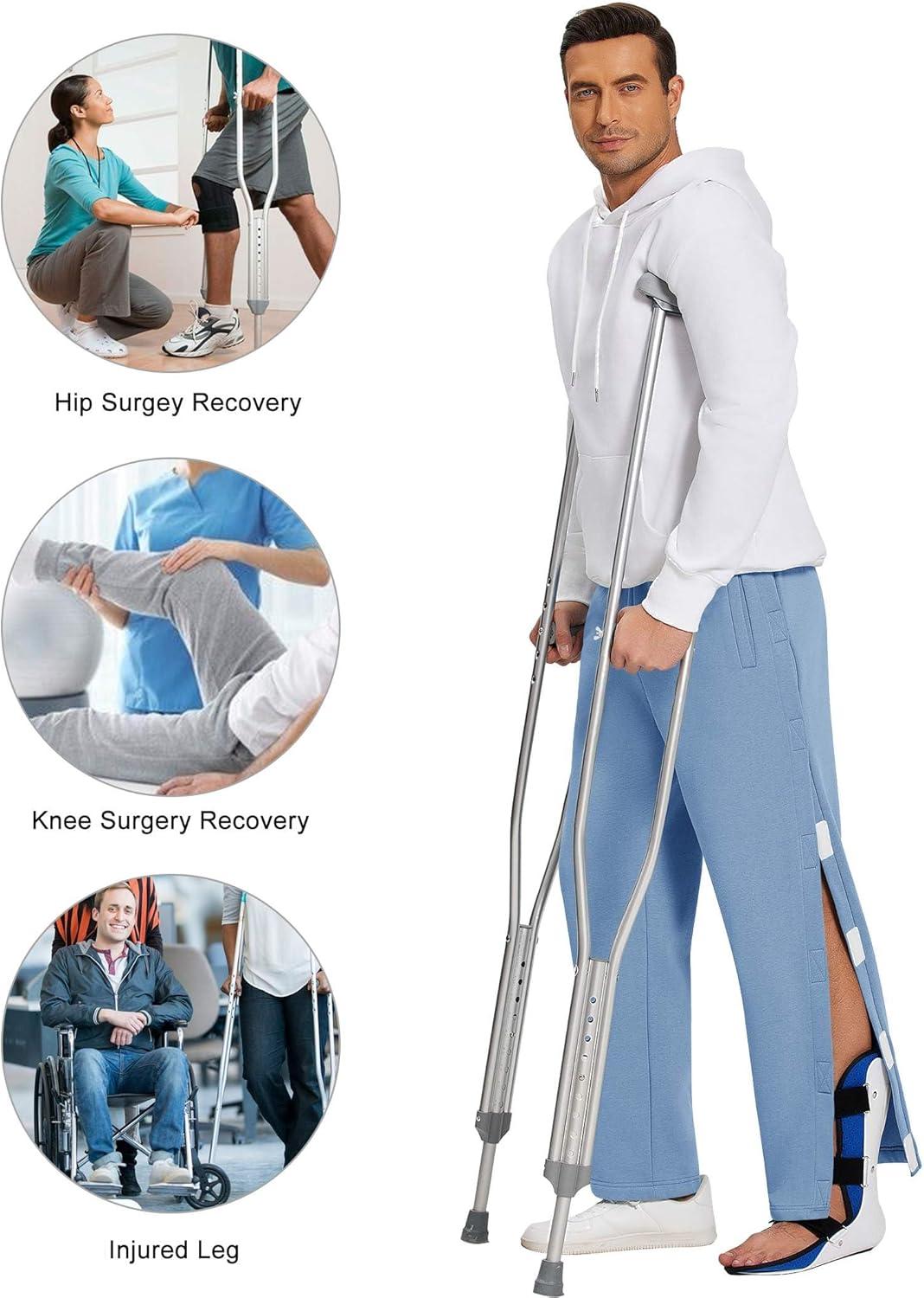imageDeyeek Mens Fleece Tear Away Pants Loose Fit Post Knee Replacement Surgery Pants Breakaway Sweatpants Side Snap with PocketsBlue