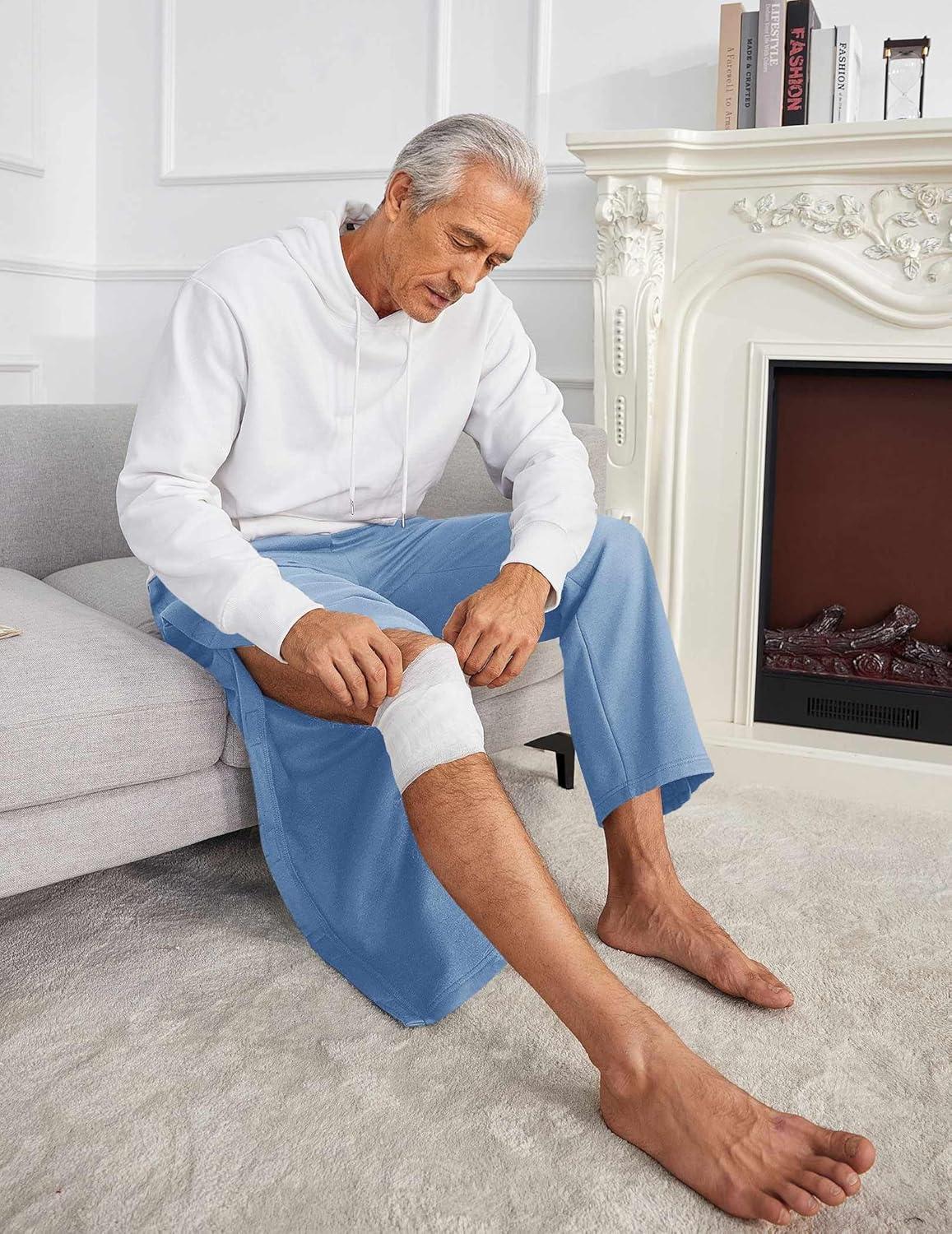 imageDeyeek Mens Fleece Tear Away Pants Loose Fit Post Knee Replacement Surgery Pants Breakaway Sweatpants Side Snap with PocketsBlue