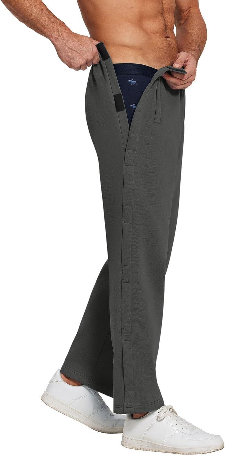 imageDeyeek Mens Fleece Tear Away Pants Loose Fit Post Knee Replacement Surgery Pants Breakaway Sweatpants Side Snap with PocketsDark Grey