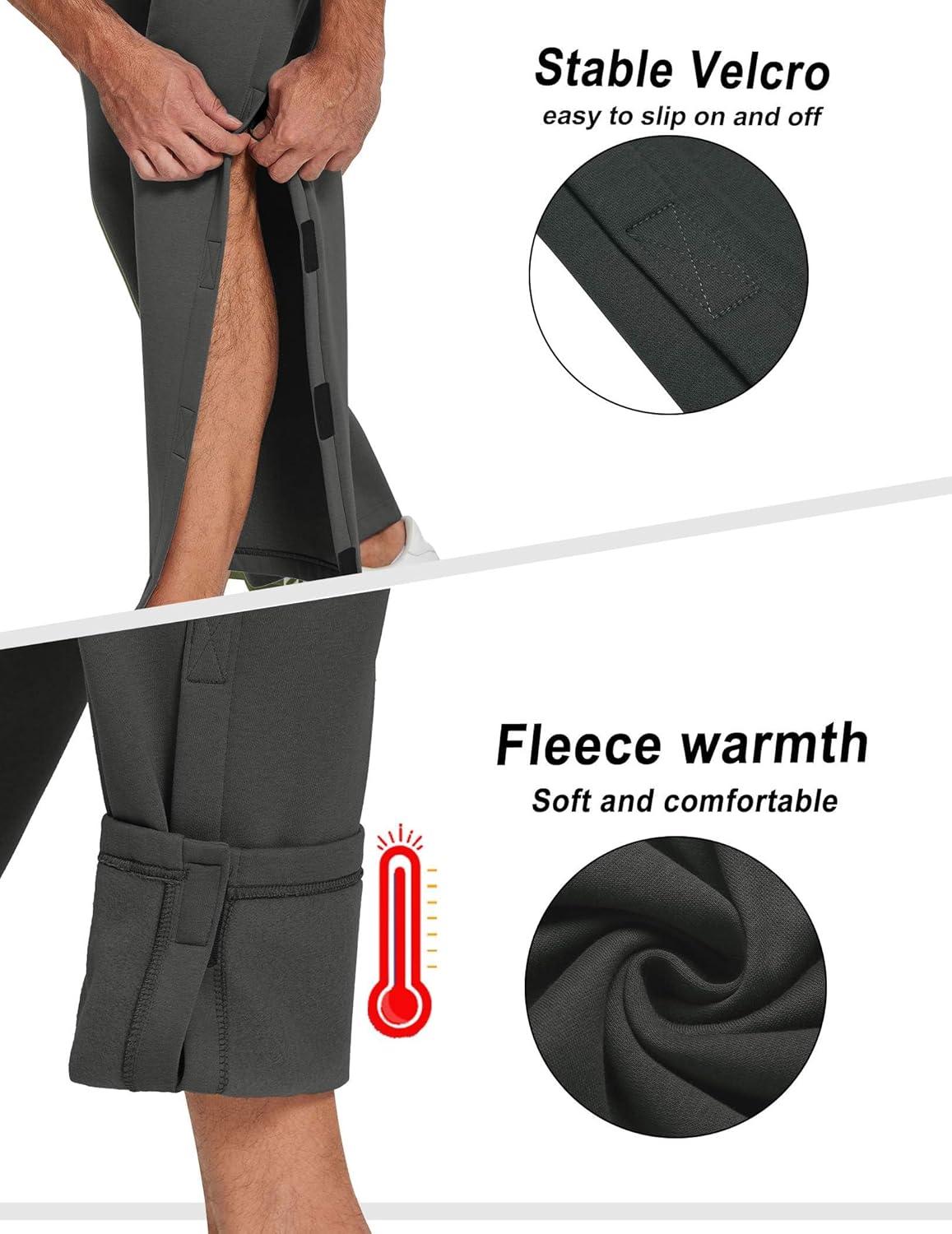 imageDeyeek Mens Fleece Tear Away Pants Loose Fit Post Knee Replacement Surgery Pants Breakaway Sweatpants Side Snap with PocketsDark Grey