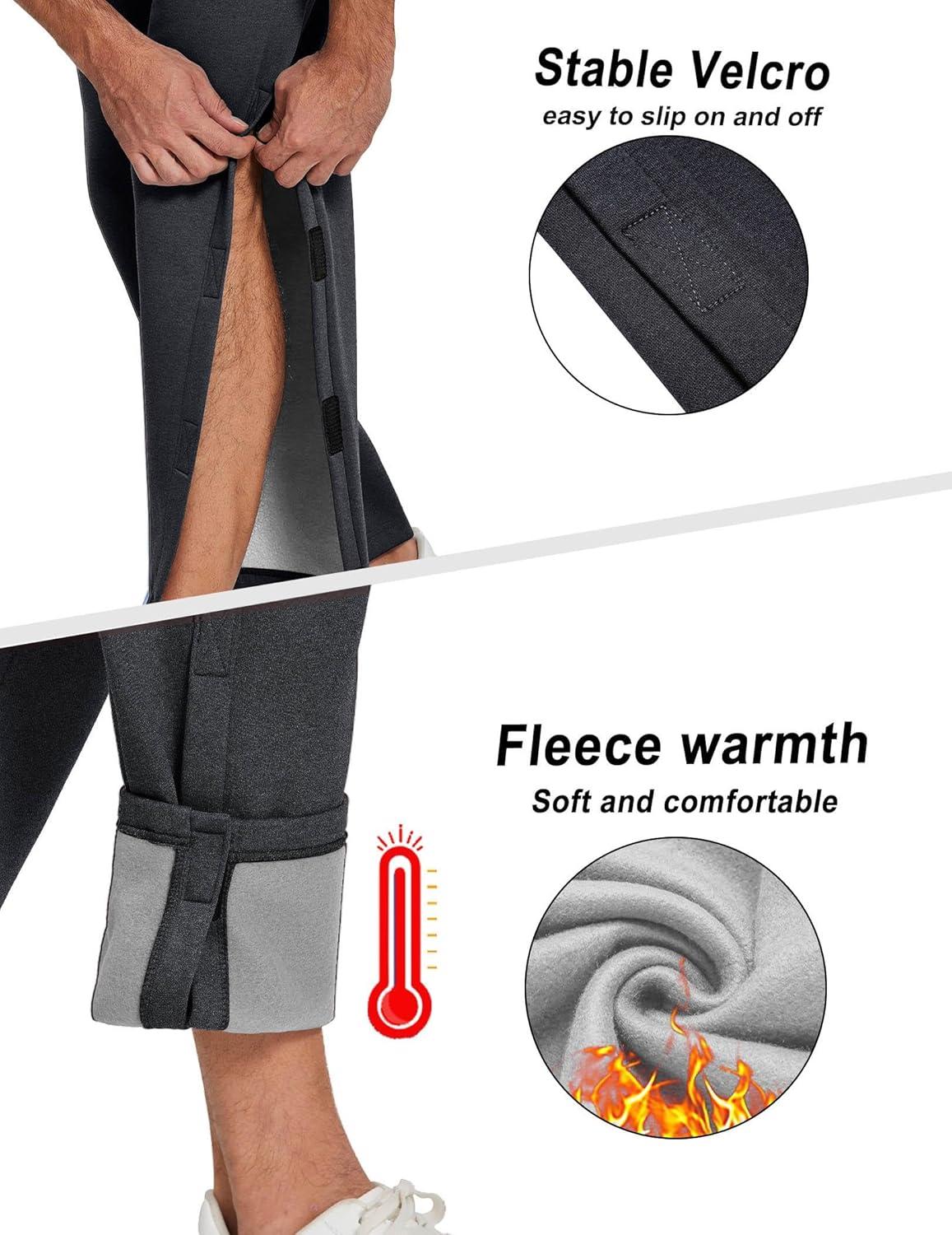 imageDeyeek Mens Fleece Tear Away Pants Loose Fit Post Knee Replacement Surgery Pants Breakaway Sweatpants Side Snap with PocketsGrey