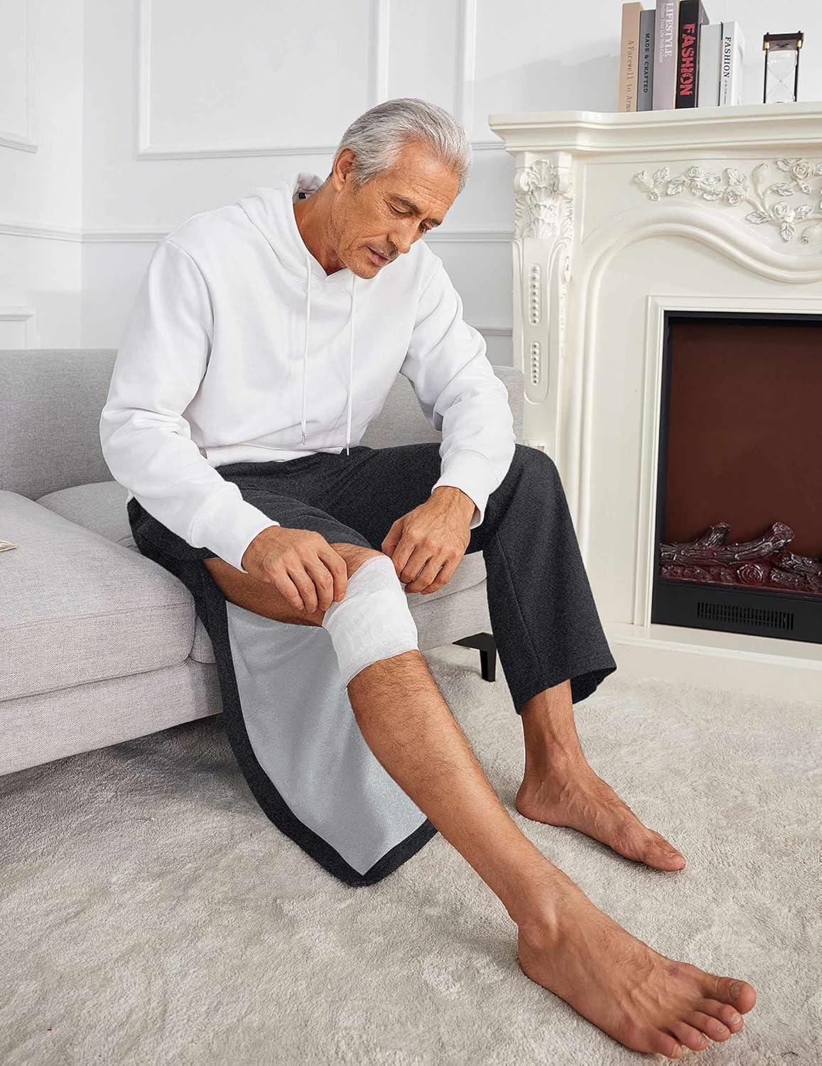 imageDeyeek Mens Fleece Tear Away Pants Loose Fit Post Knee Replacement Surgery Pants Breakaway Sweatpants Side Snap with PocketsGrey