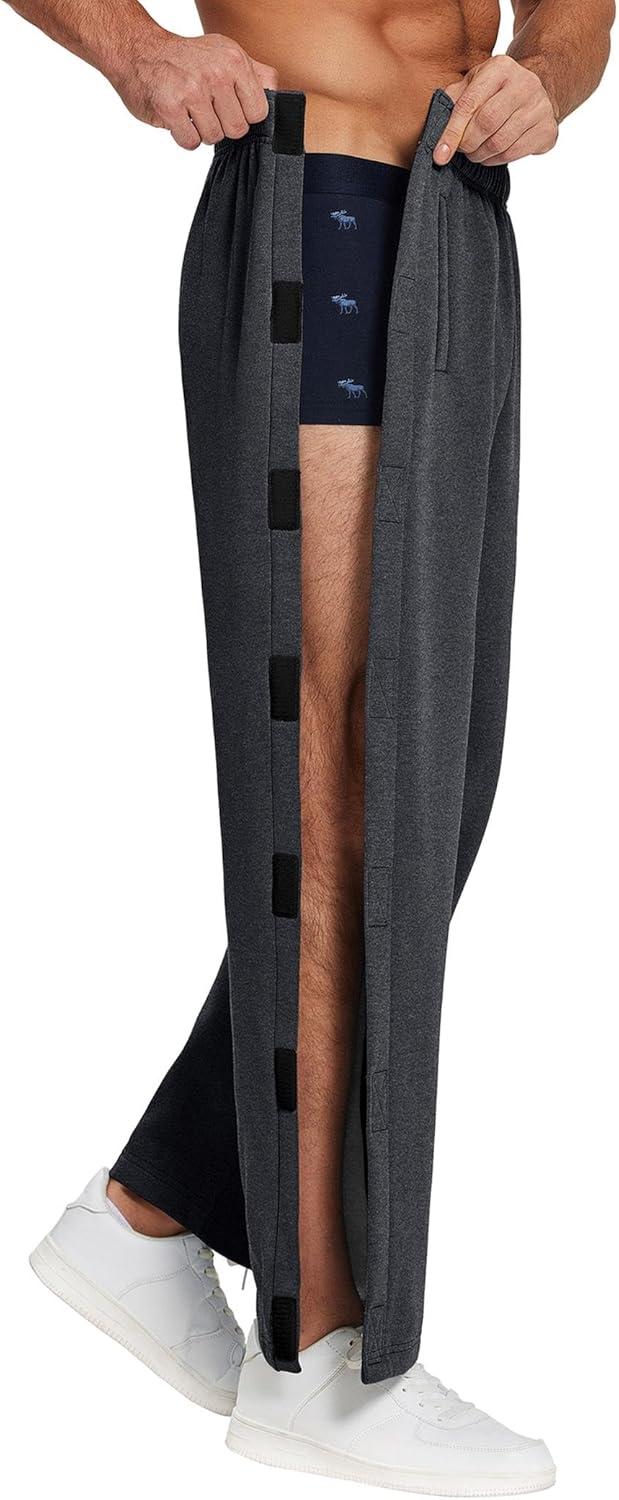 imageDeyeek Mens Fleece Tear Away Pants Loose Fit Post Knee Replacement Surgery Pants Breakaway Sweatpants Side Snap with PocketsGrey
