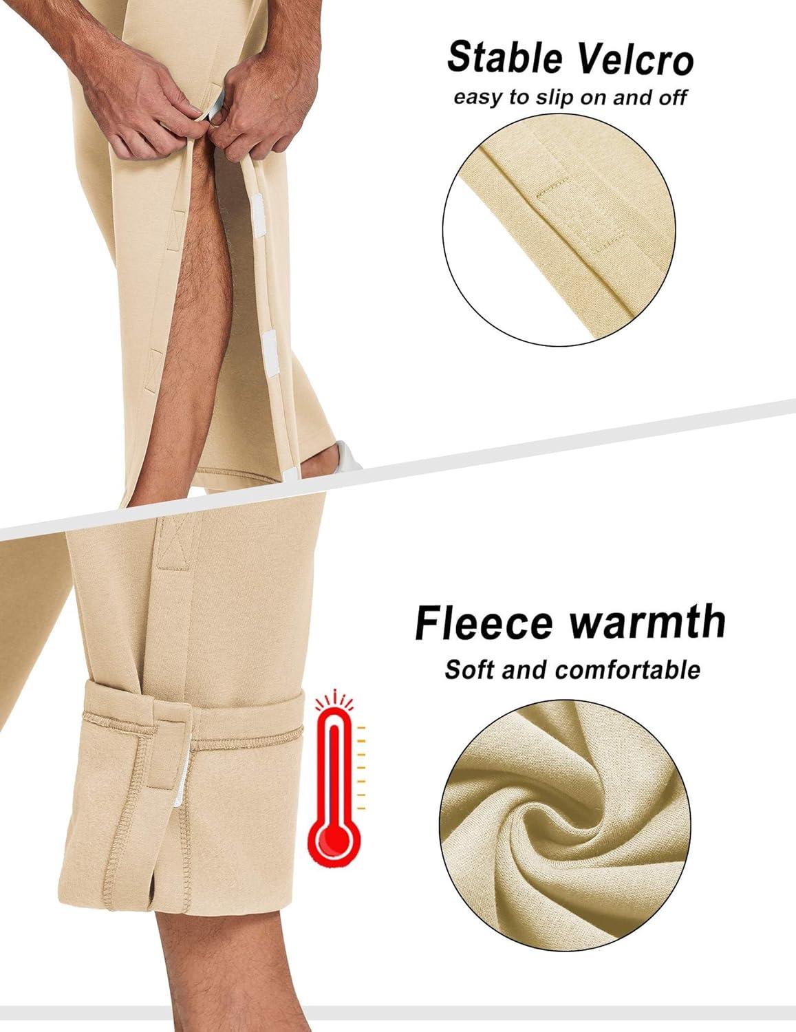 imageDeyeek Mens Fleece Tear Away Pants Loose Fit Post Knee Replacement Surgery Pants Breakaway Sweatpants Side Snap with PocketsKhaki