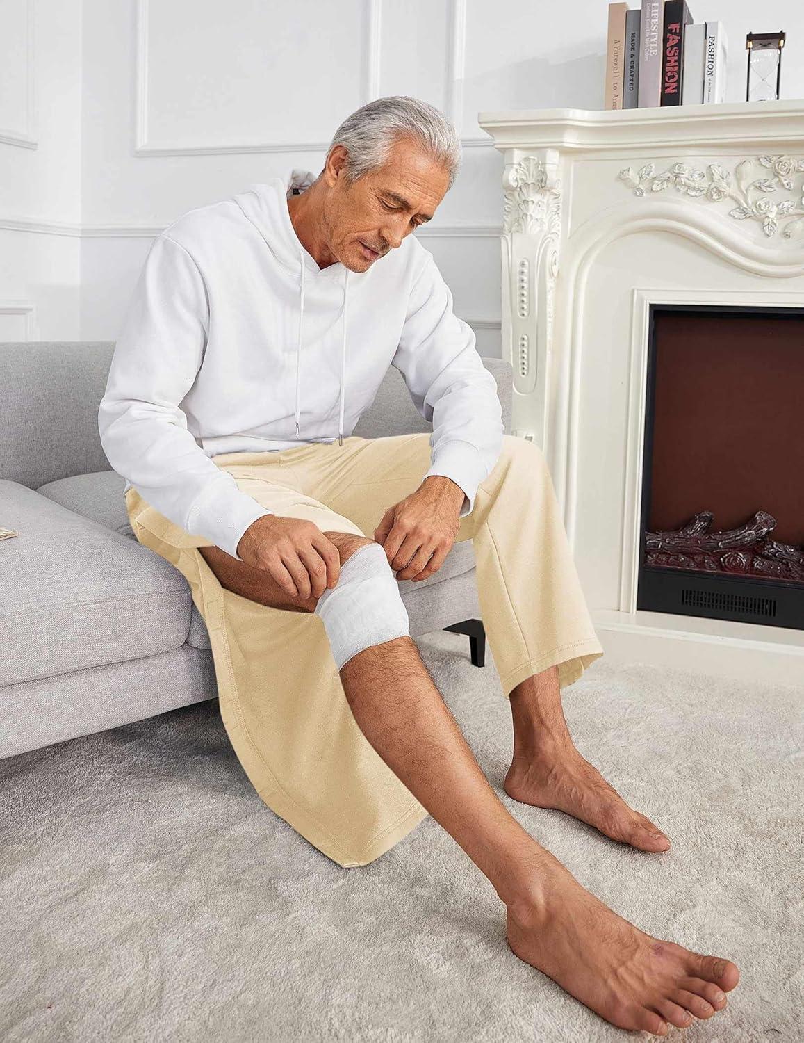 imageDeyeek Mens Fleece Tear Away Pants Loose Fit Post Knee Replacement Surgery Pants Breakaway Sweatpants Side Snap with PocketsKhaki