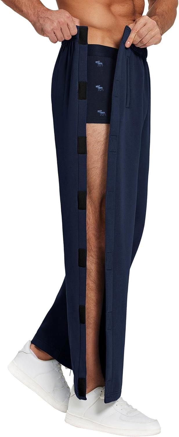 imageDeyeek Mens Fleece Tear Away Pants Loose Fit Post Knee Replacement Surgery Pants Breakaway Sweatpants Side Snap with PocketsNavy Blue