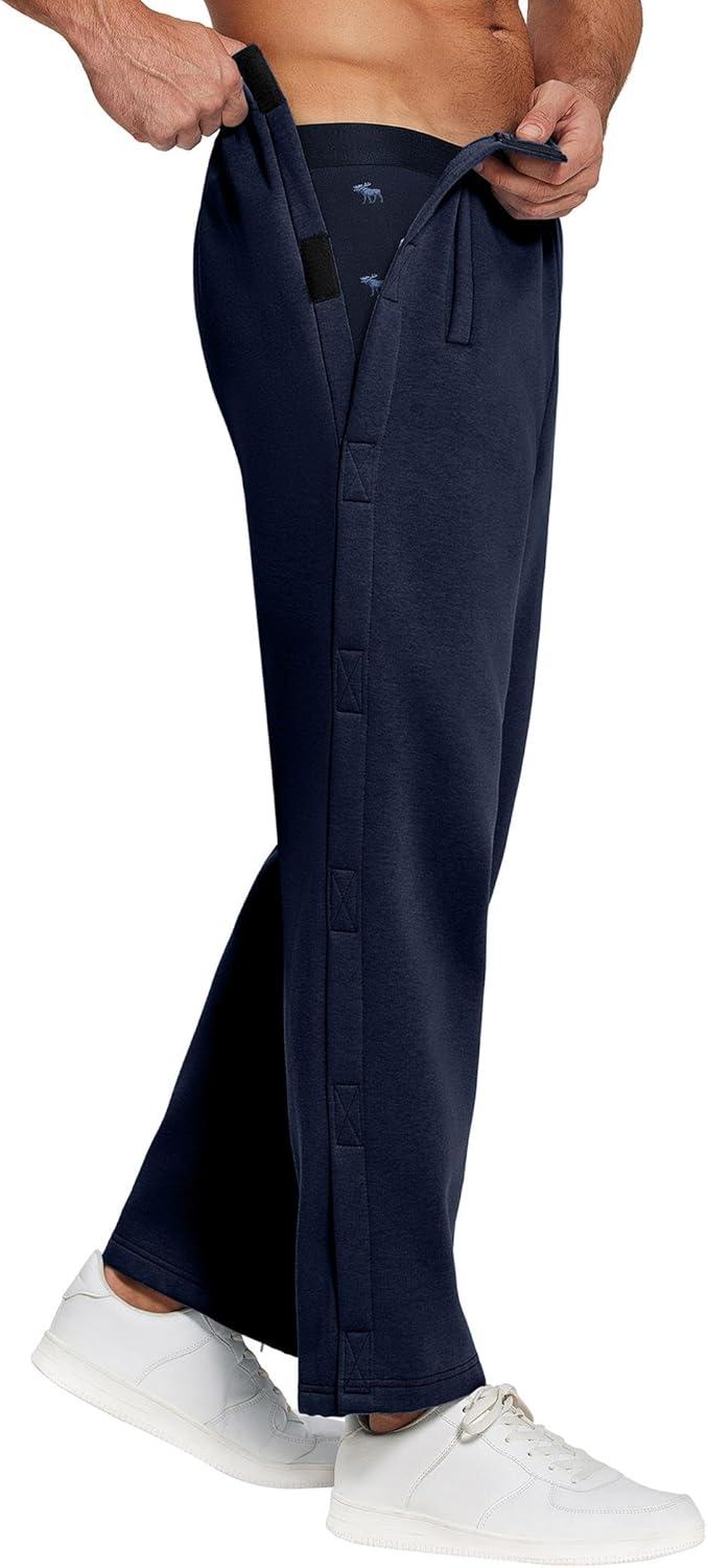 imageDeyeek Mens Fleece Tear Away Pants Loose Fit Post Knee Replacement Surgery Pants Breakaway Sweatpants Side Snap with PocketsNavy Blue