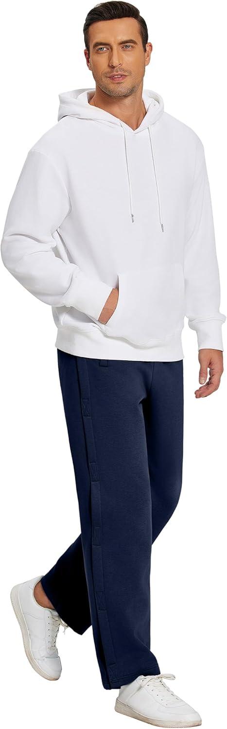 imageDeyeek Mens Fleece Tear Away Pants Loose Fit Post Knee Replacement Surgery Pants Breakaway Sweatpants Side Snap with PocketsNavy Blue