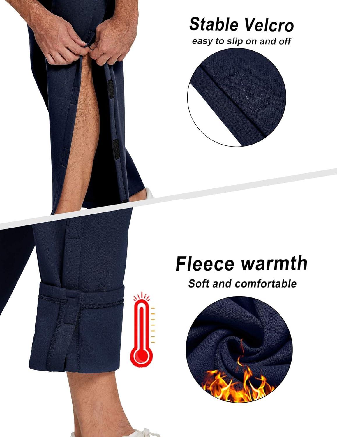 imageDeyeek Mens Fleece Tear Away Pants Loose Fit Post Knee Replacement Surgery Pants Breakaway Sweatpants Side Snap with PocketsNavy Blue