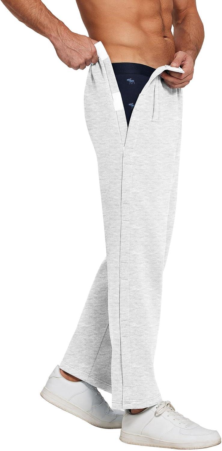 imageDeyeek Mens Fleece Tear Away Pants Loose Fit Post Knee Replacement Surgery Pants Breakaway Sweatpants Side Snap with PocketsWhite Grey