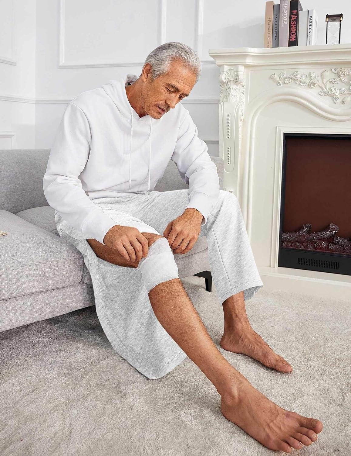 imageDeyeek Mens Fleece Tear Away Pants Loose Fit Post Knee Replacement Surgery Pants Breakaway Sweatpants Side Snap with PocketsWhite Grey