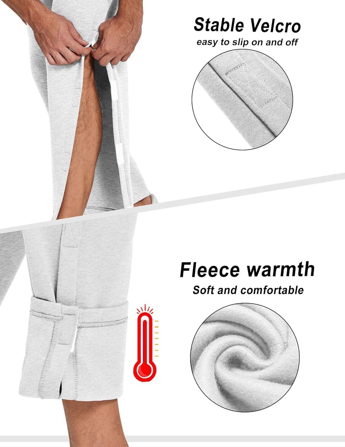 imageDeyeek Mens Fleece Tear Away Pants Loose Fit Post Knee Replacement Surgery Pants Breakaway Sweatpants Side Snap with PocketsWhite Grey
