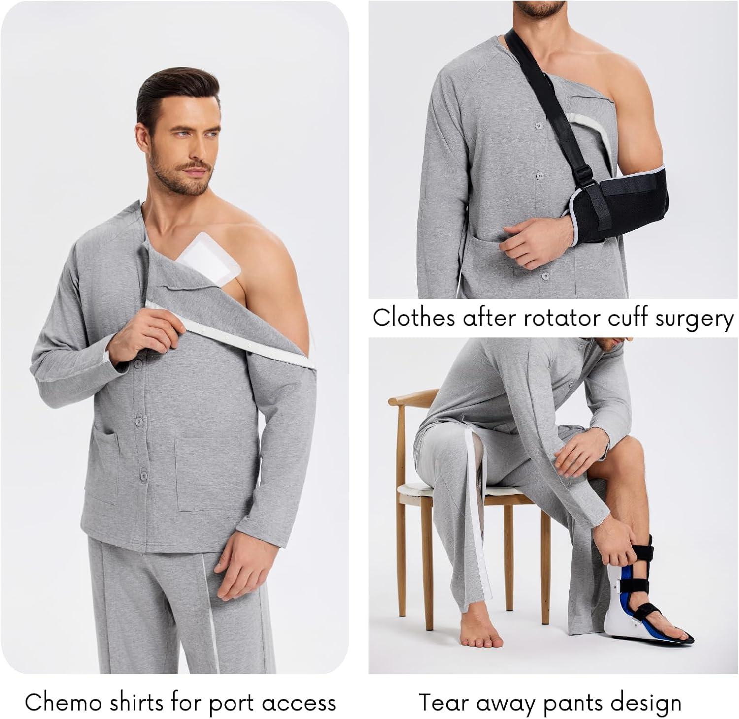 imageDeyeek Post Shoulder Surgery Shirts for Men Chemo Port Shirts Dialysis Patient Care Tear Away Cotton Pajamas SetLight Gray