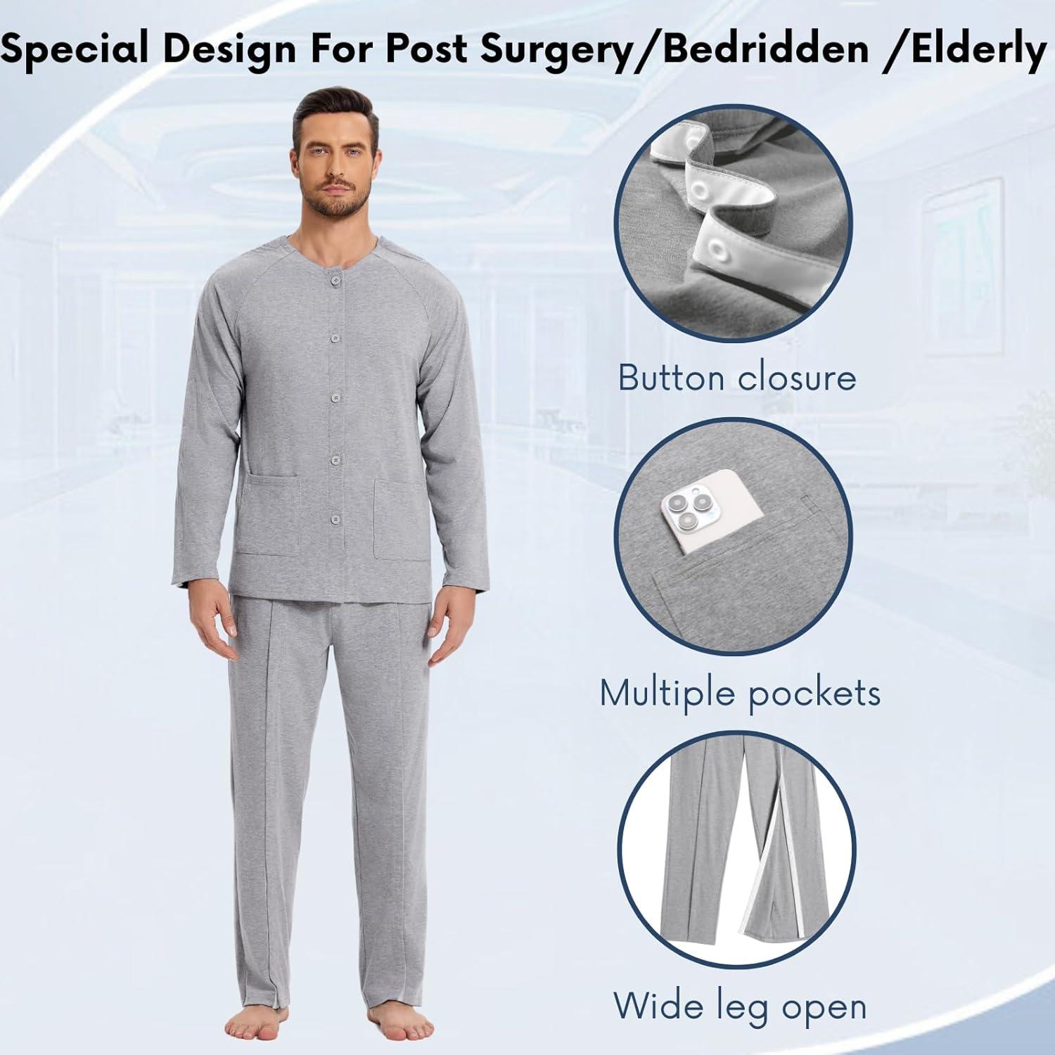 imageDeyeek Post Shoulder Surgery Shirts for Men Chemo Port Shirts Dialysis Patient Care Tear Away Cotton Pajamas SetLight Gray