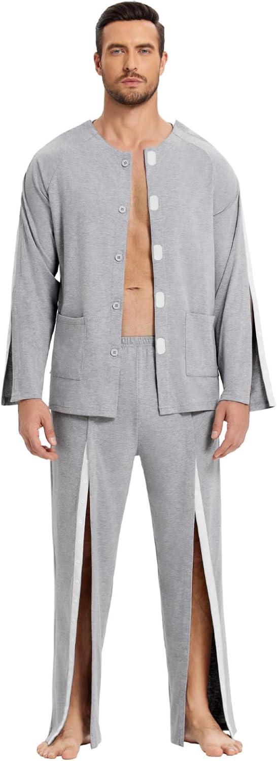 imageDeyeek Post Shoulder Surgery Shirts for Men Chemo Port Shirts Dialysis Patient Care Tear Away Cotton Pajamas SetLight Gray