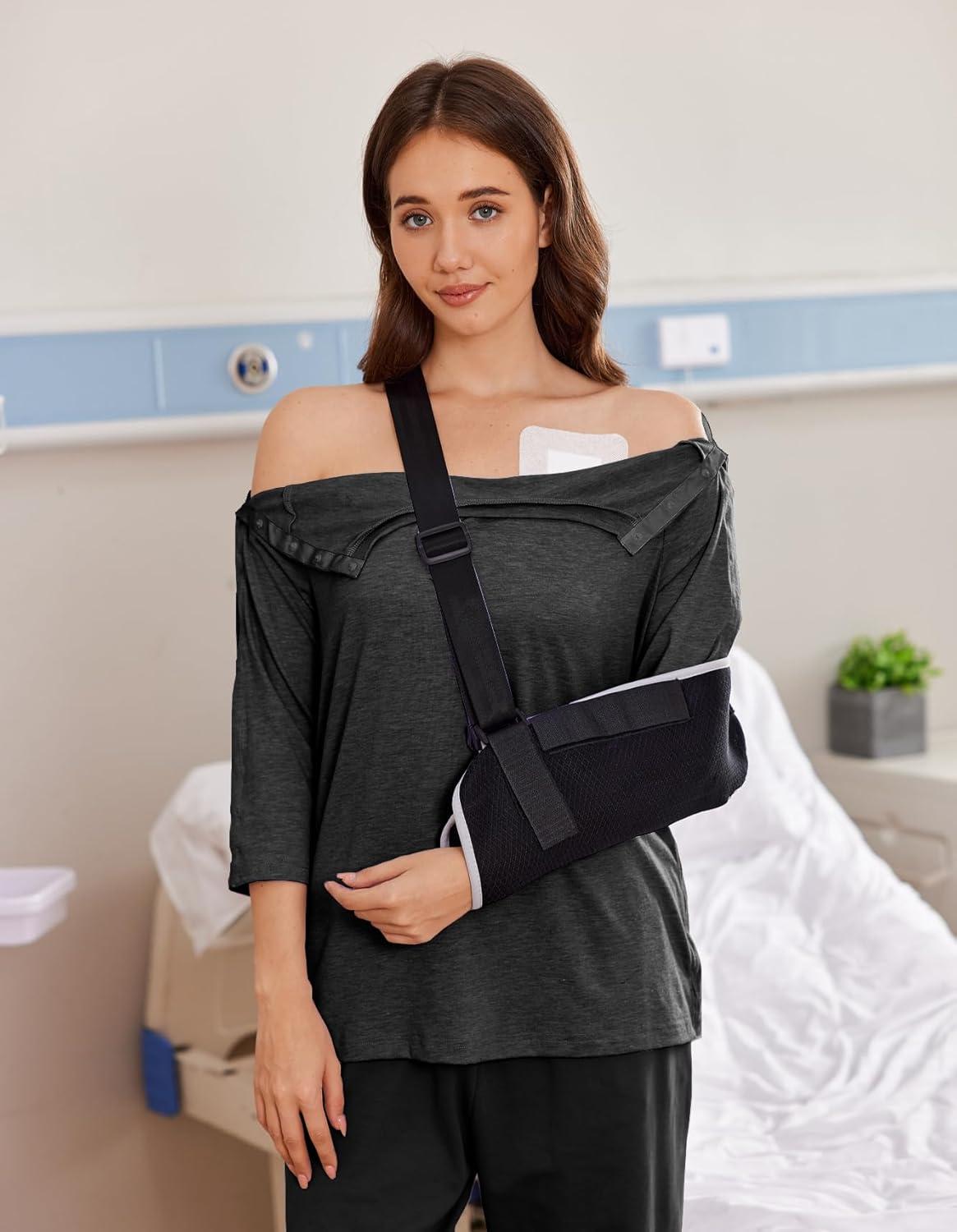 imageDeyeek Post Shoulder Surgery Shirts for Women Tear Away 34 Tops After Rotator Cuff Shirts Chemo Port Adaptive ClothingBlack