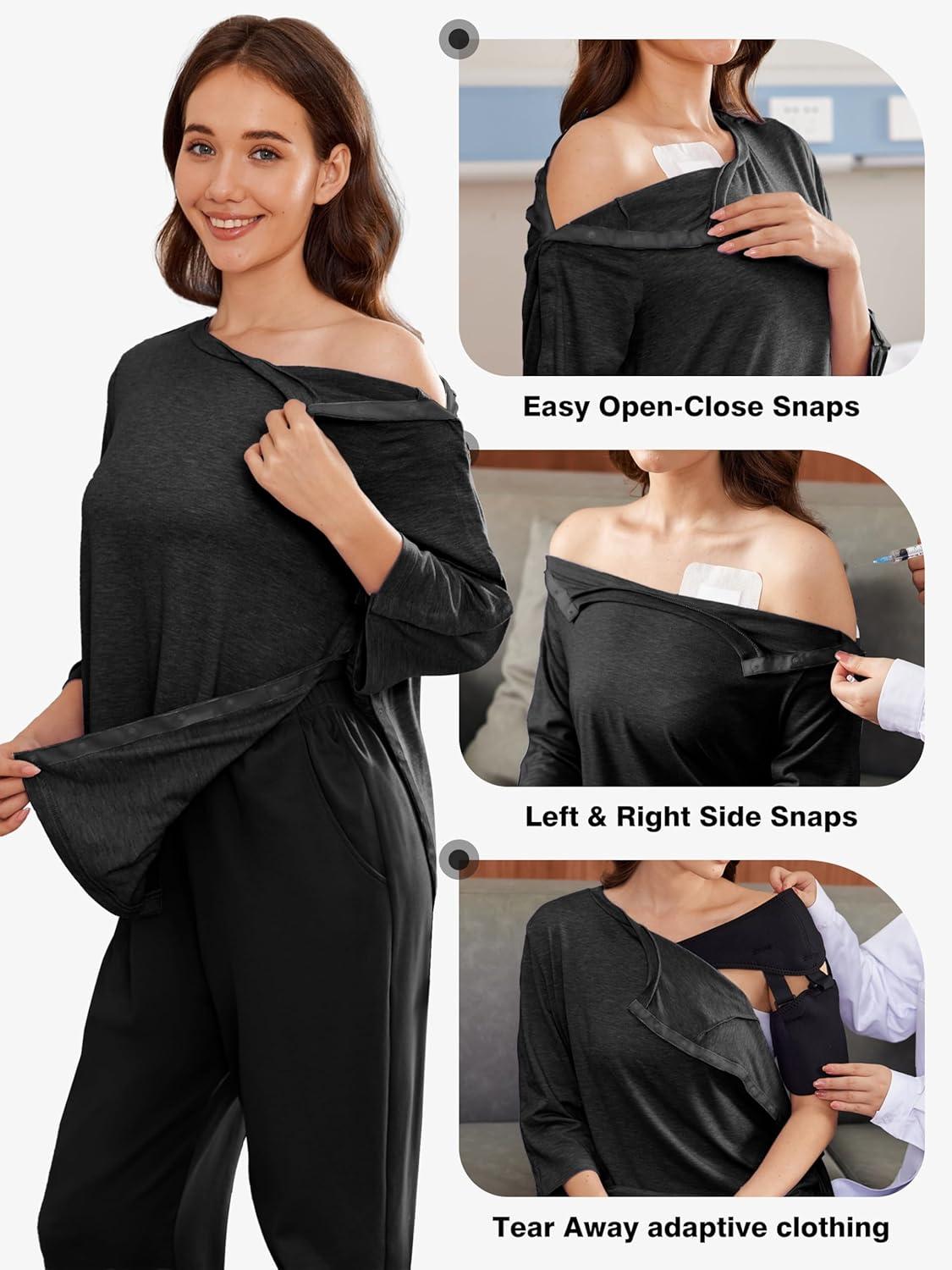 imageDeyeek Post Shoulder Surgery Shirts for Women Tear Away 34 Tops After Rotator Cuff Shirts Chemo Port Adaptive ClothingBlack