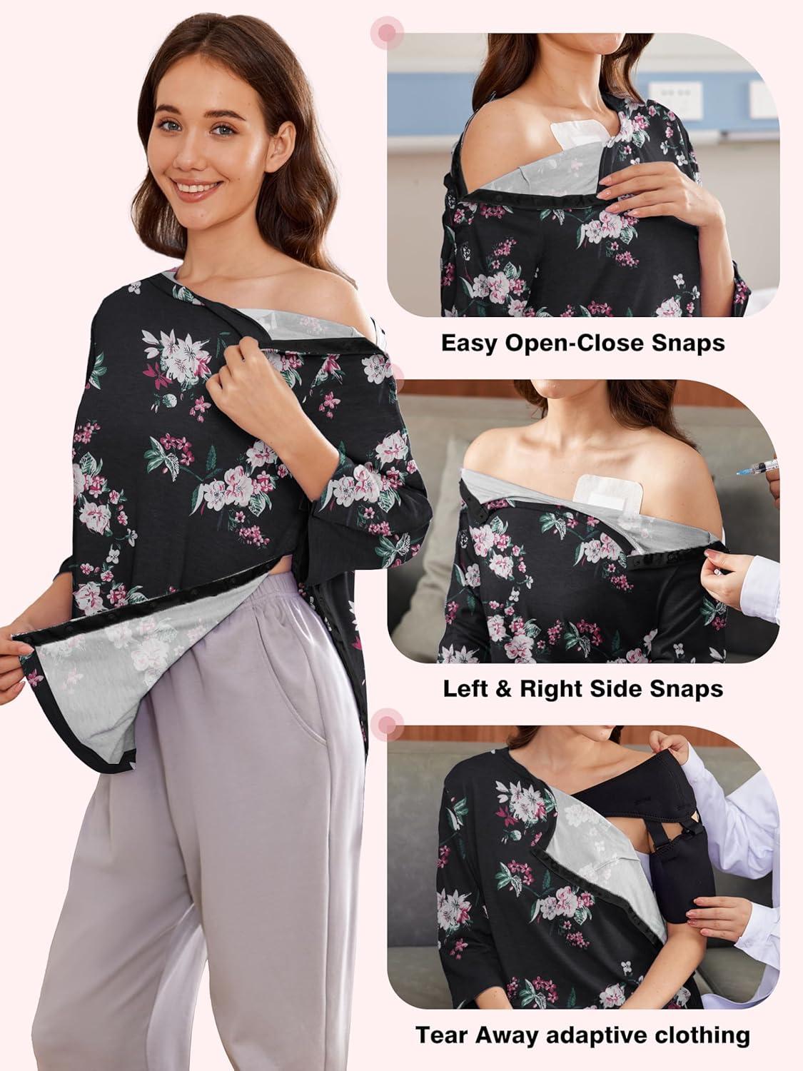 imageDeyeek Post Shoulder Surgery Shirts for Women Tear Away 34 Tops After Rotator Cuff Shirts Chemo Port Adaptive ClothingBlack Print