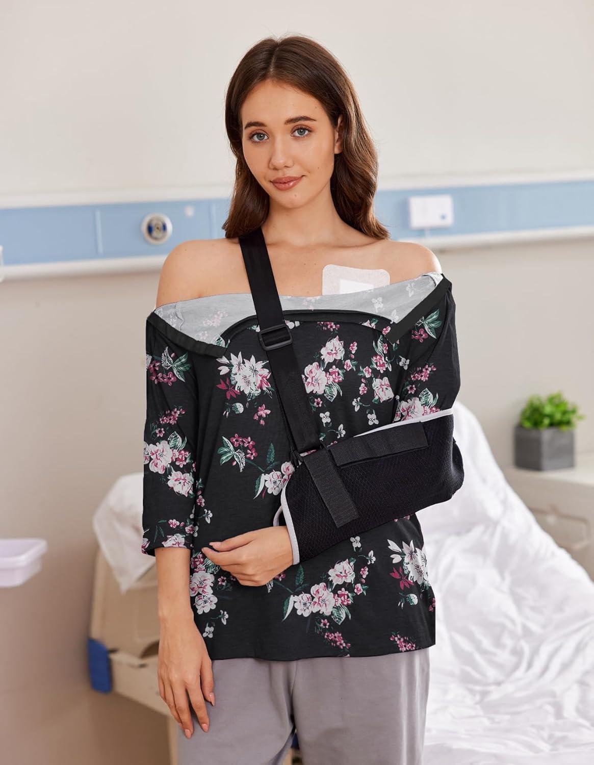 imageDeyeek Post Shoulder Surgery Shirts for Women Tear Away 34 Tops After Rotator Cuff Shirts Chemo Port Adaptive ClothingBlack Print
