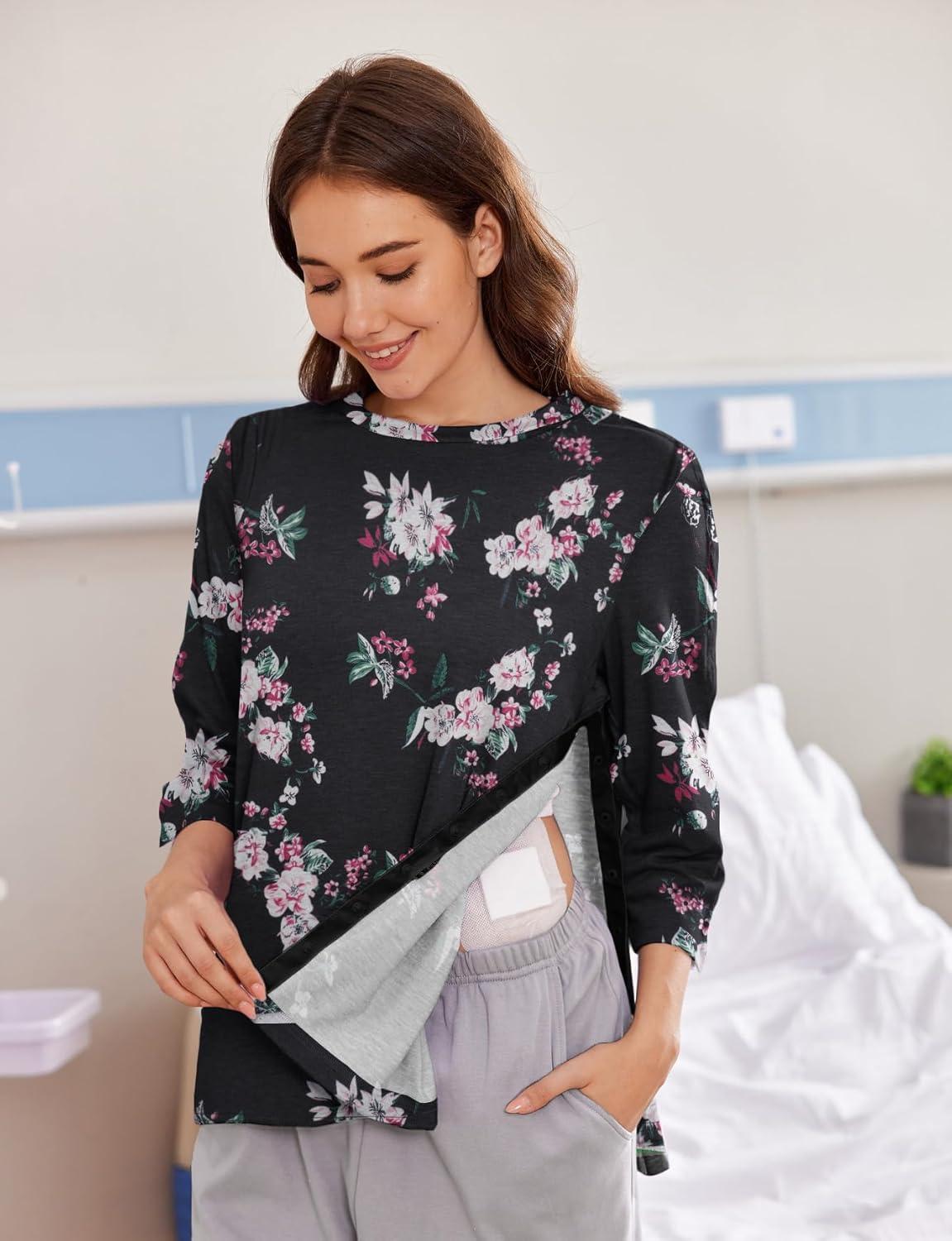 imageDeyeek Post Shoulder Surgery Shirts for Women Tear Away 34 Tops After Rotator Cuff Shirts Chemo Port Adaptive ClothingBlack Print