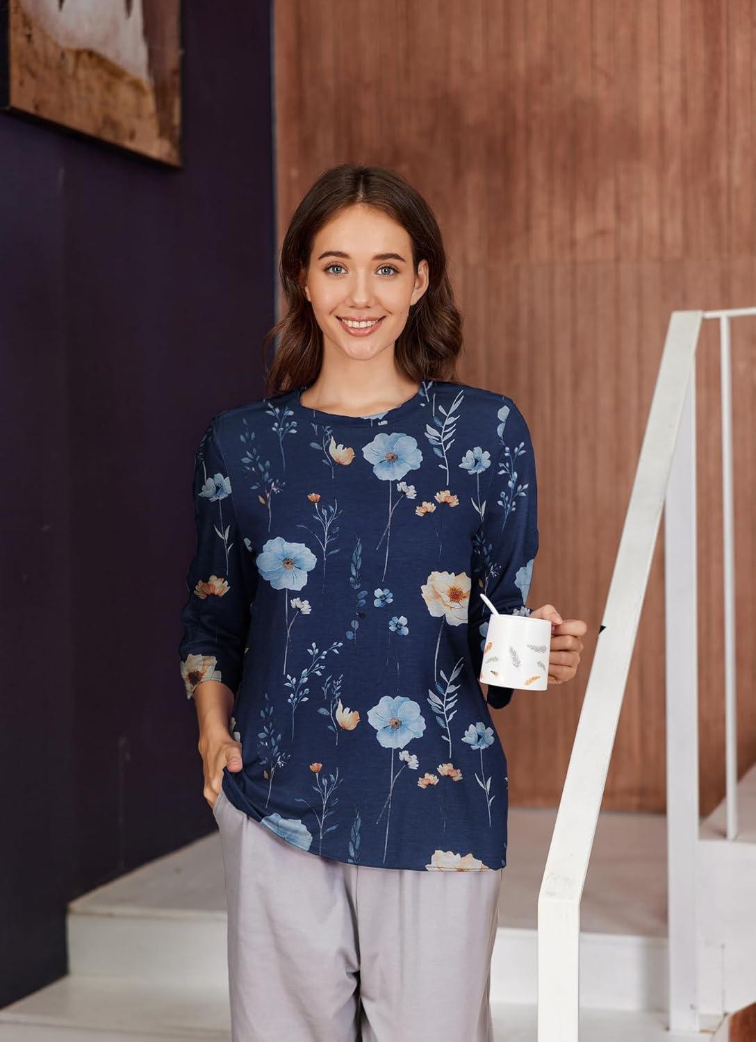 imageDeyeek Post Shoulder Surgery Shirts for Women Tear Away 34 Tops After Rotator Cuff Shirts Chemo Port Adaptive ClothingBlue Print
