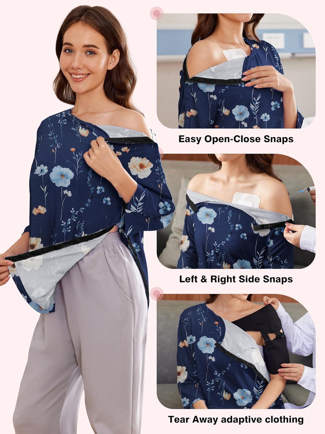 imageDeyeek Post Shoulder Surgery Shirts for Women Tear Away 34 Tops After Rotator Cuff Shirts Chemo Port Adaptive ClothingBlue Print
