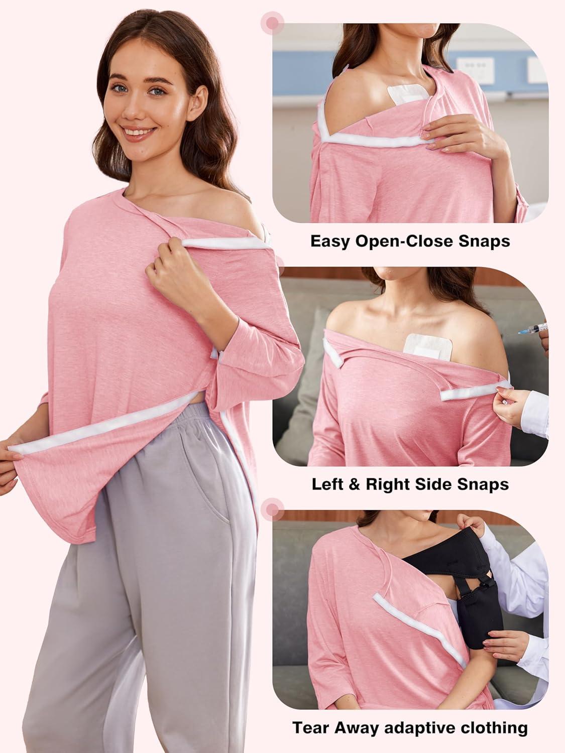 imageDeyeek Post Shoulder Surgery Shirts for Women Tear Away 34 Tops After Rotator Cuff Shirts Chemo Port Adaptive ClothingPink