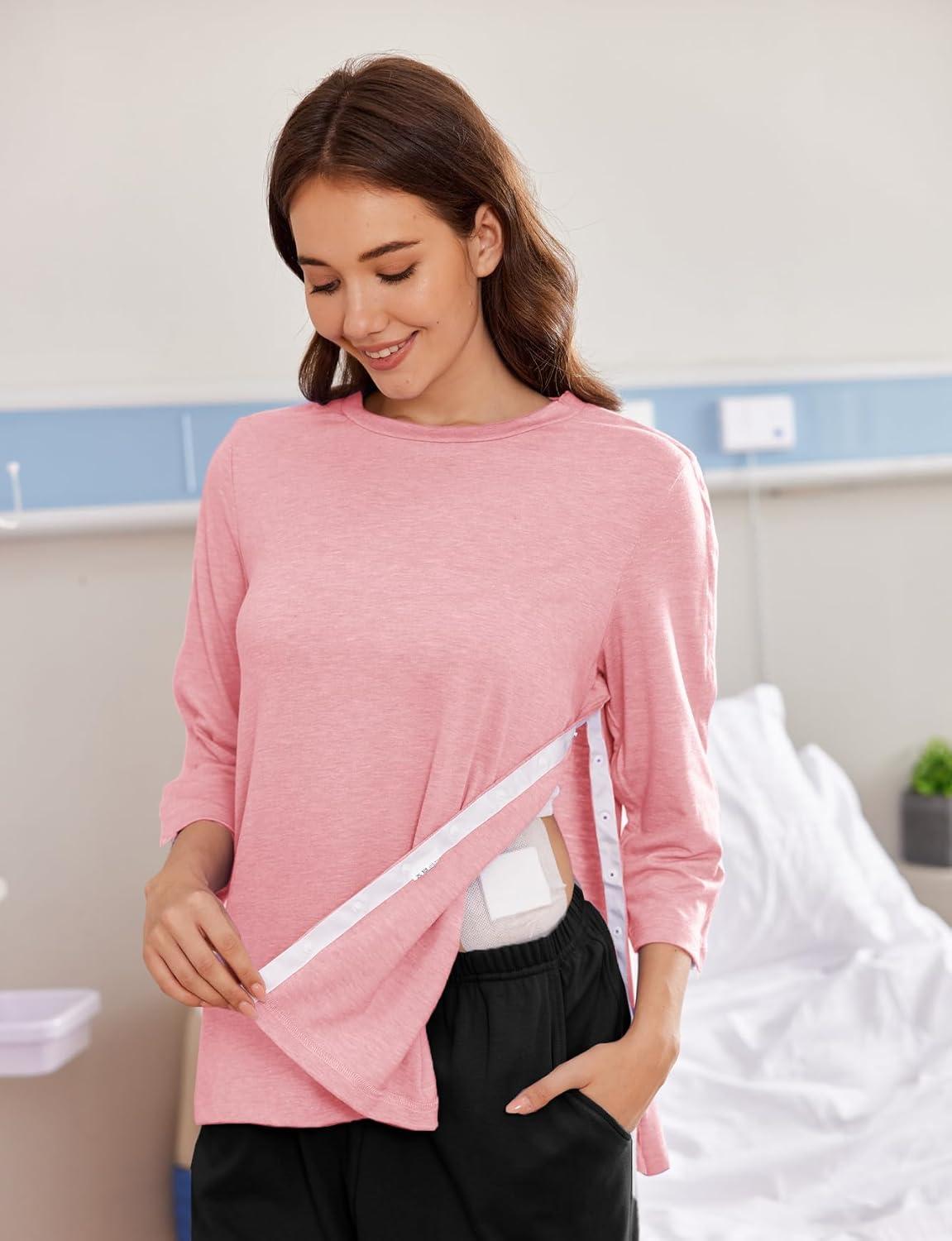 imageDeyeek Post Shoulder Surgery Shirts for Women Tear Away 34 Tops After Rotator Cuff Shirts Chemo Port Adaptive ClothingPink