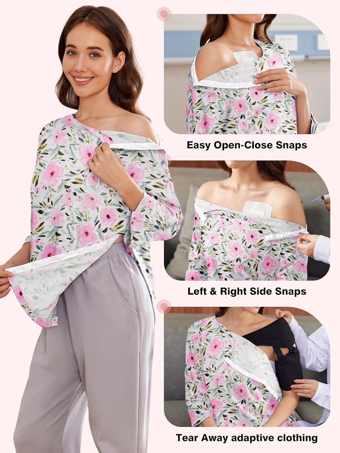 imageDeyeek Post Shoulder Surgery Shirts for Women Tear Away 34 Tops After Rotator Cuff Shirts Chemo Port Adaptive ClothingPink Print