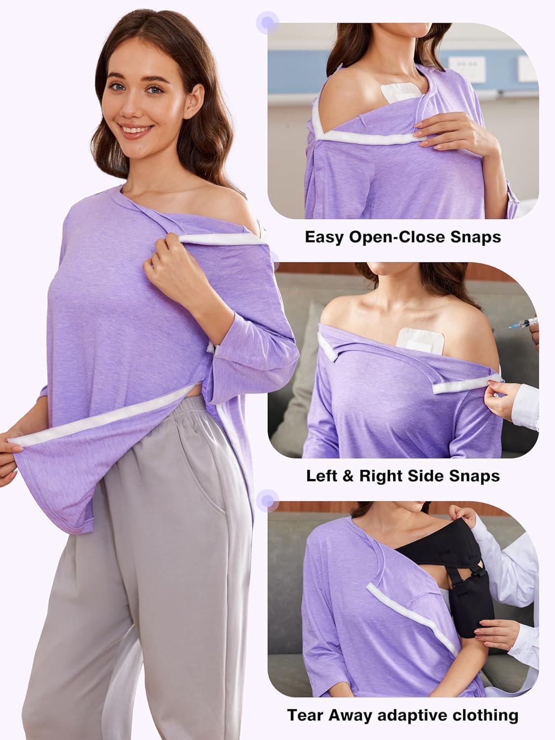 imageDeyeek Post Shoulder Surgery Shirts for Women Tear Away 34 Tops After Rotator Cuff Shirts Chemo Port Adaptive ClothingPurple
