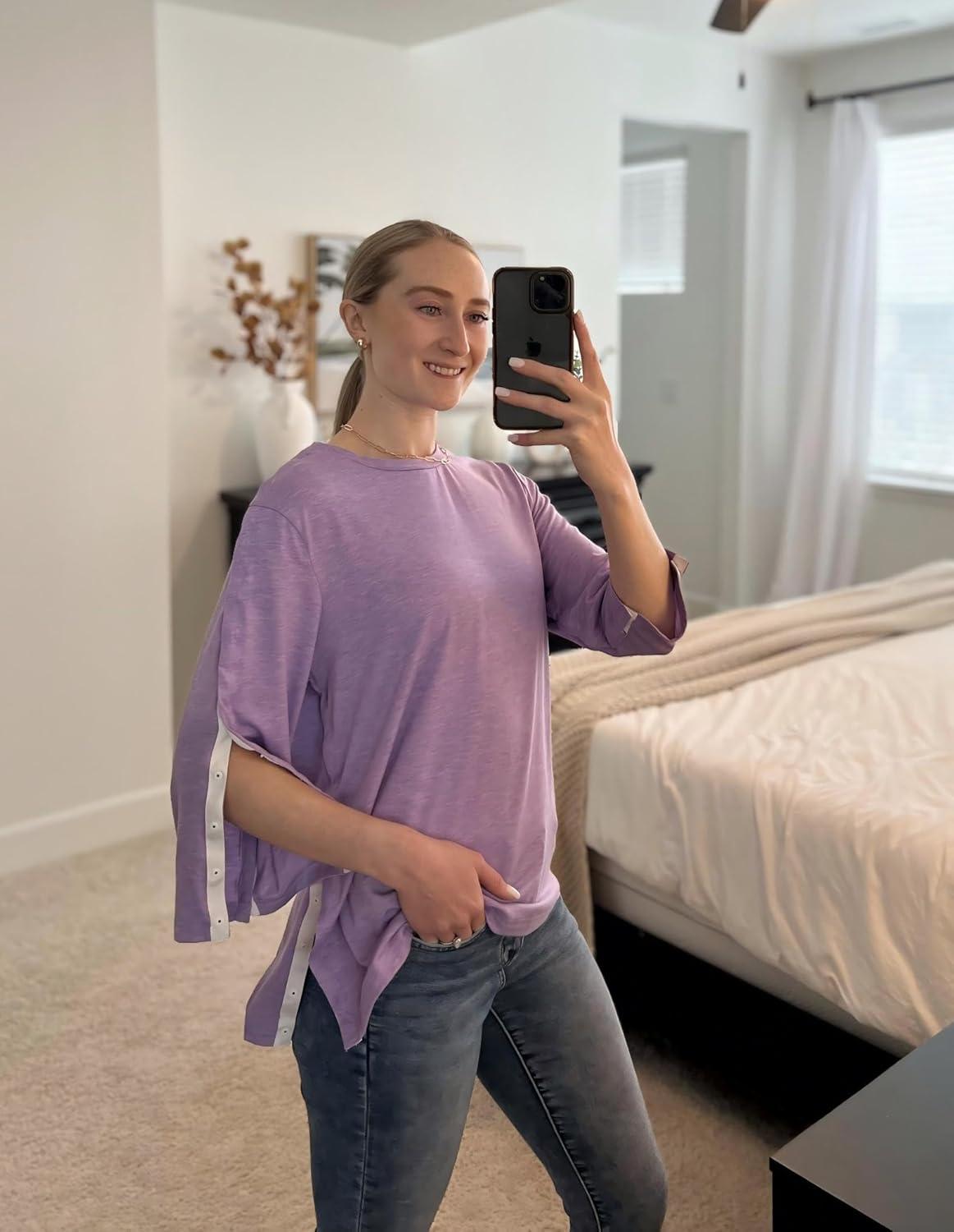 imageDeyeek Post Shoulder Surgery Shirts for Women Tear Away 34 Tops After Rotator Cuff Shirts Chemo Port Adaptive ClothingPurple