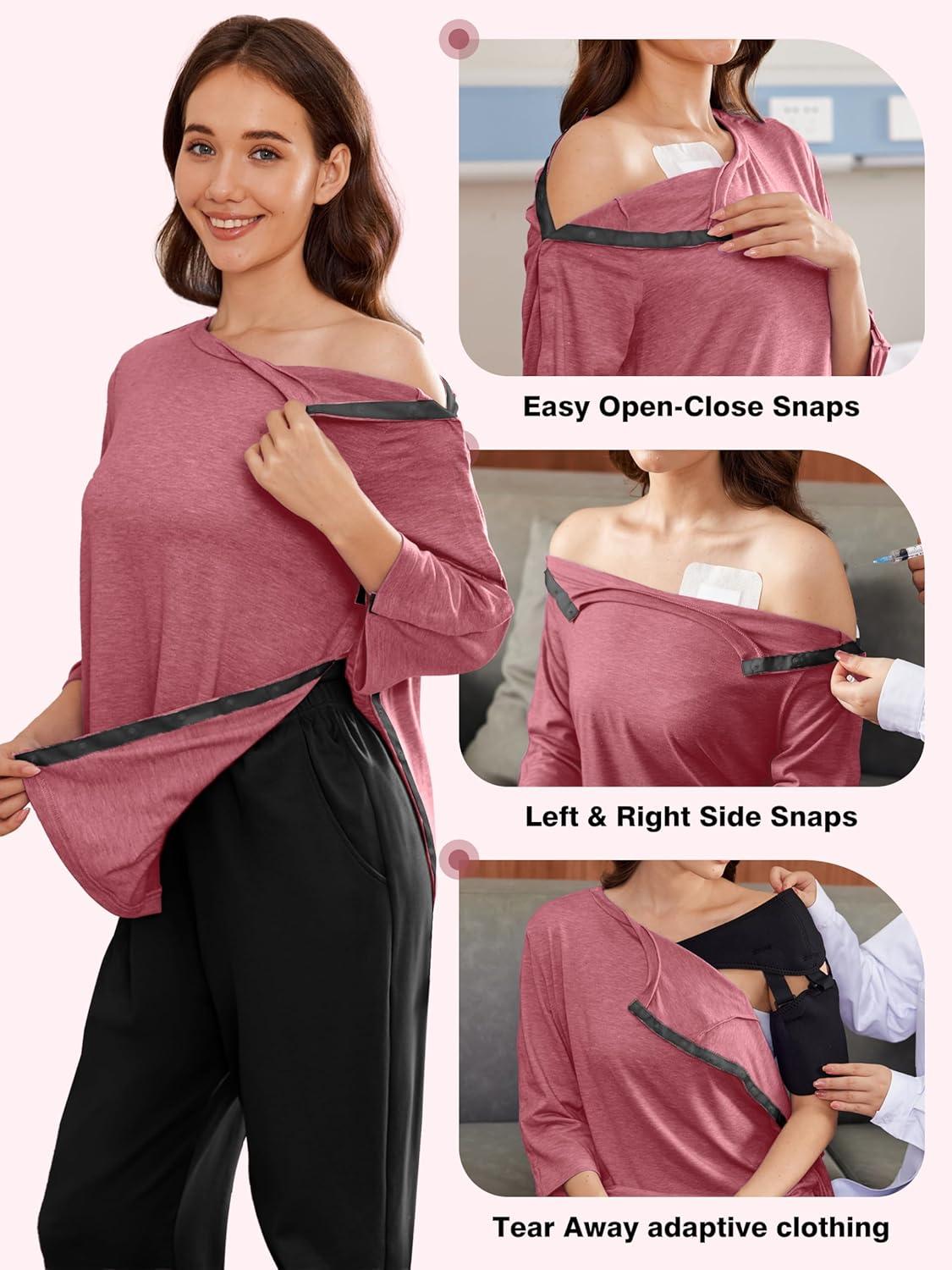 imageDeyeek Post Shoulder Surgery Shirts for Women Tear Away 34 Tops After Rotator Cuff Shirts Chemo Port Adaptive ClothingRed