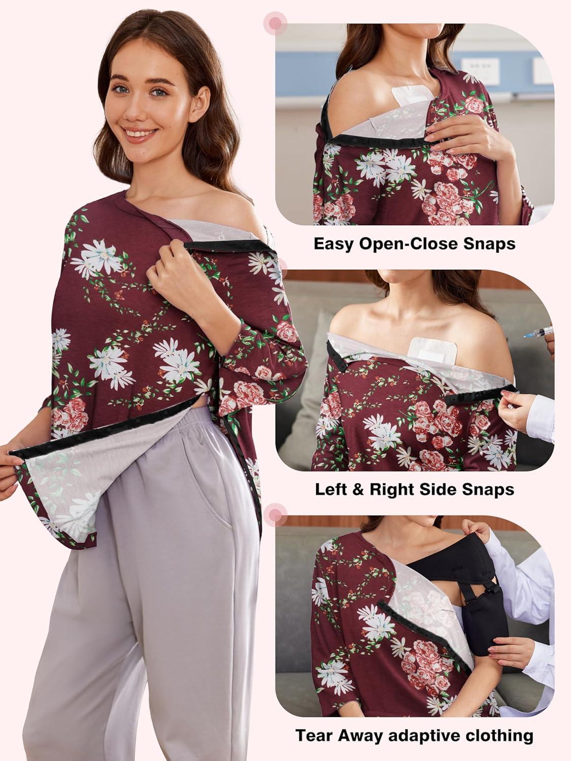 imageDeyeek Post Shoulder Surgery Shirts for Women Tear Away 34 Tops After Rotator Cuff Shirts Chemo Port Adaptive ClothingRed Print