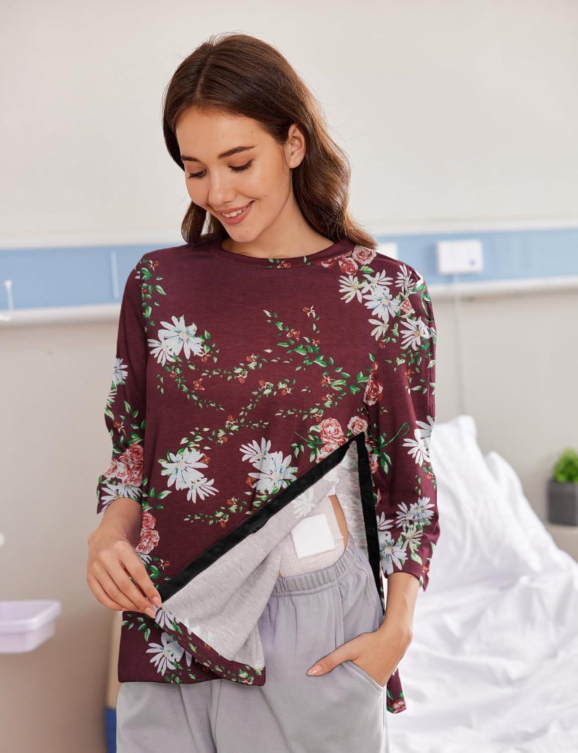 imageDeyeek Post Shoulder Surgery Shirts for Women Tear Away 34 Tops After Rotator Cuff Shirts Chemo Port Adaptive ClothingRed Print
