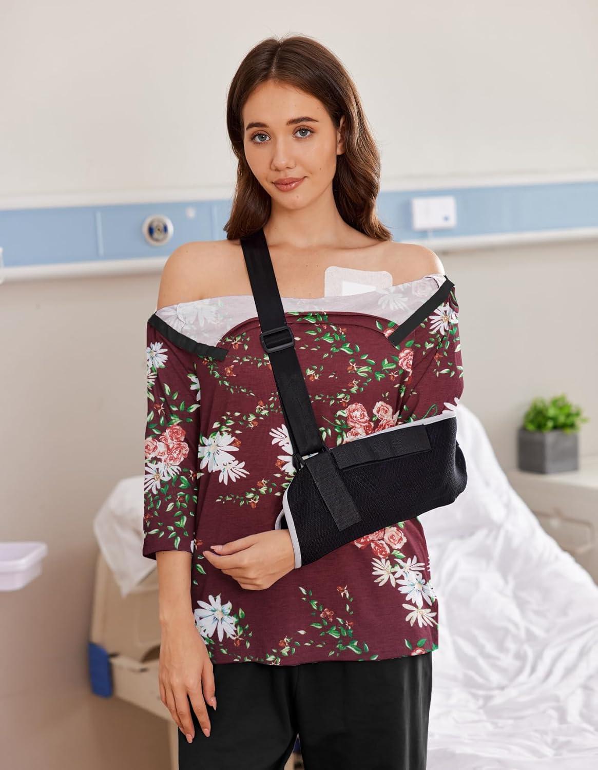 imageDeyeek Post Shoulder Surgery Shirts for Women Tear Away 34 Tops After Rotator Cuff Shirts Chemo Port Adaptive ClothingRed Print