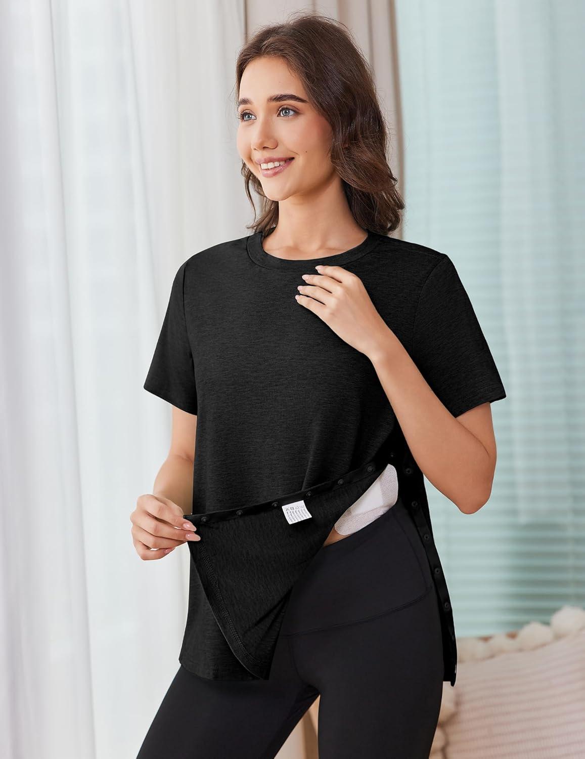 imageDeyeek Post Shoulder Surgery Shirts for Women Tear Away Side Snap Chemo Port Shirts Short Sleeve Adaptive ClothingBlack