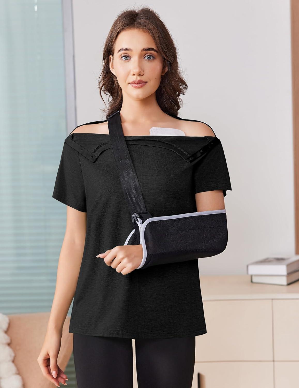 imageDeyeek Post Shoulder Surgery Shirts for Women Tear Away Side Snap Chemo Port Shirts Short Sleeve Adaptive ClothingBlack