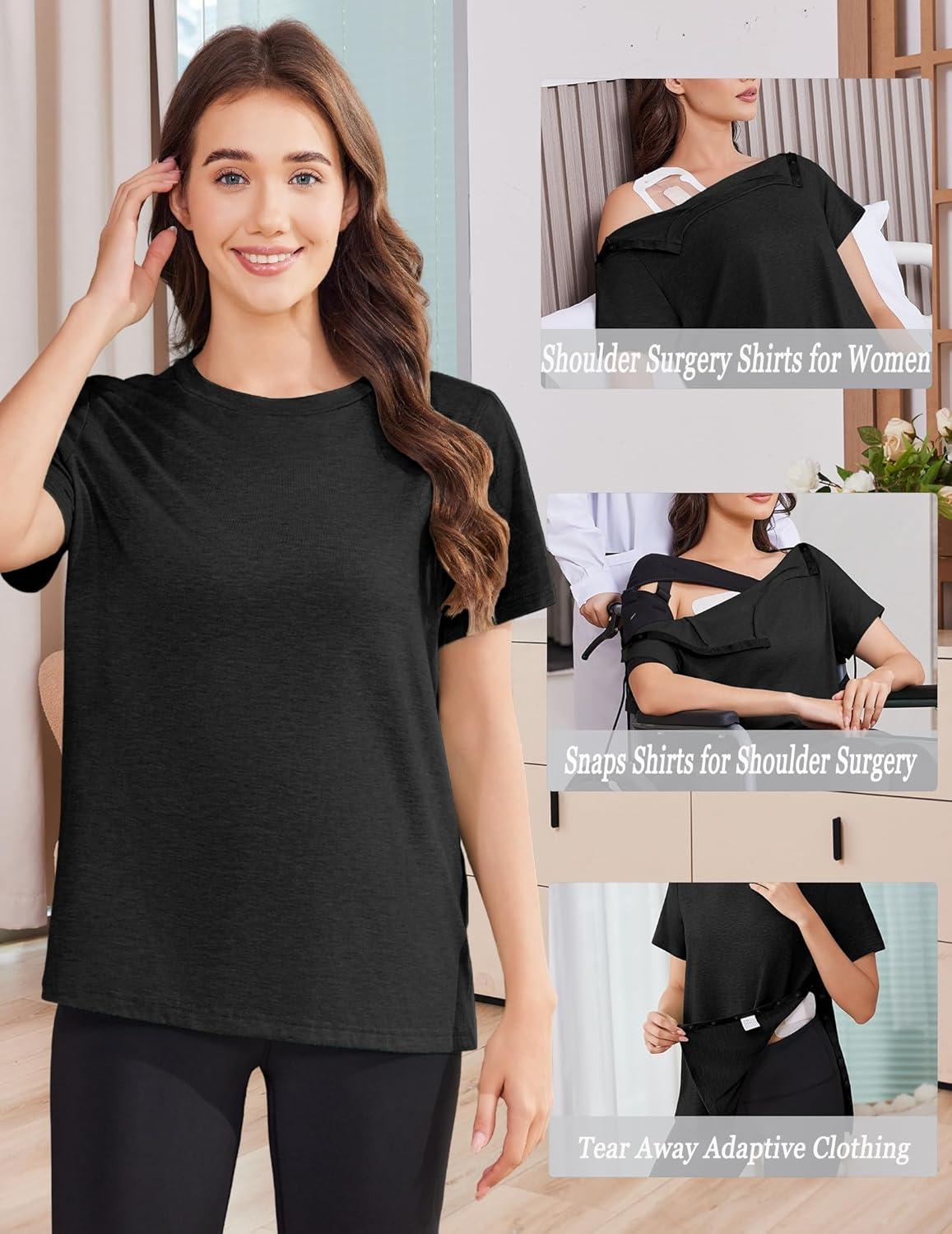 imageDeyeek Post Shoulder Surgery Shirts for Women Tear Away Side Snap Chemo Port Shirts Short Sleeve Adaptive ClothingBlack