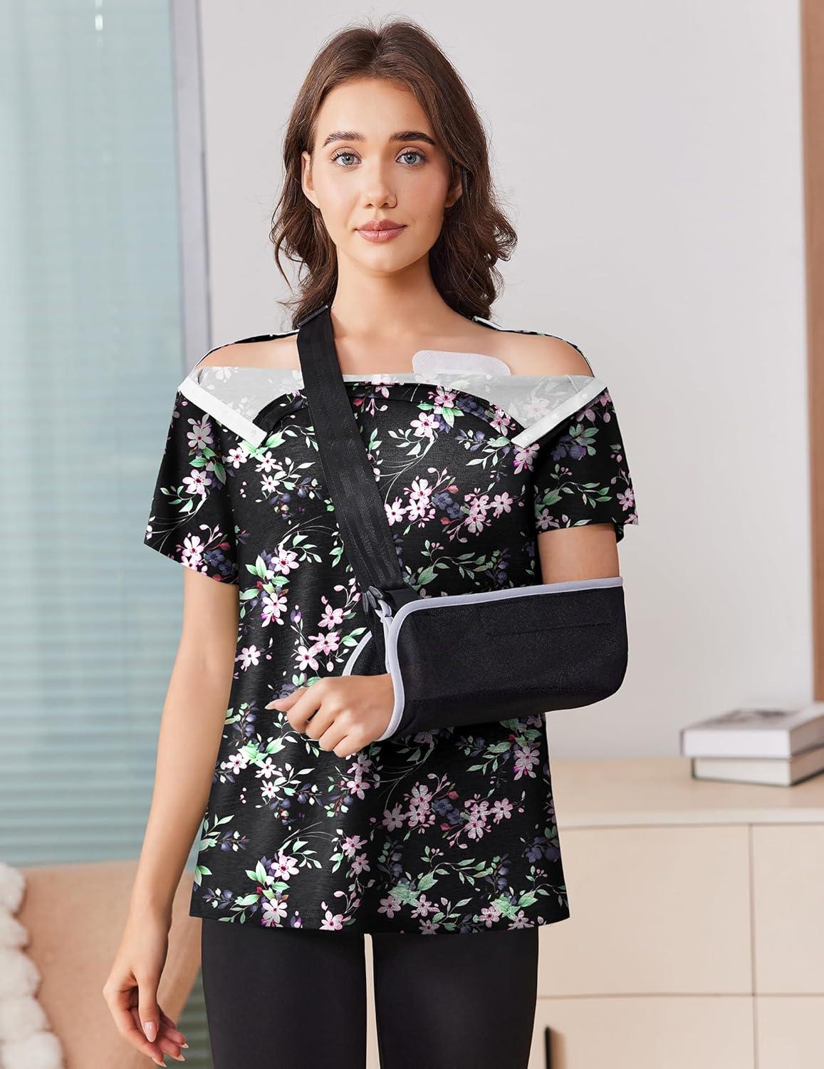 imageDeyeek Post Shoulder Surgery Shirts for Women Tear Away Side Snap Chemo Port Shirts Short Sleeve Adaptive ClothingBlack Print