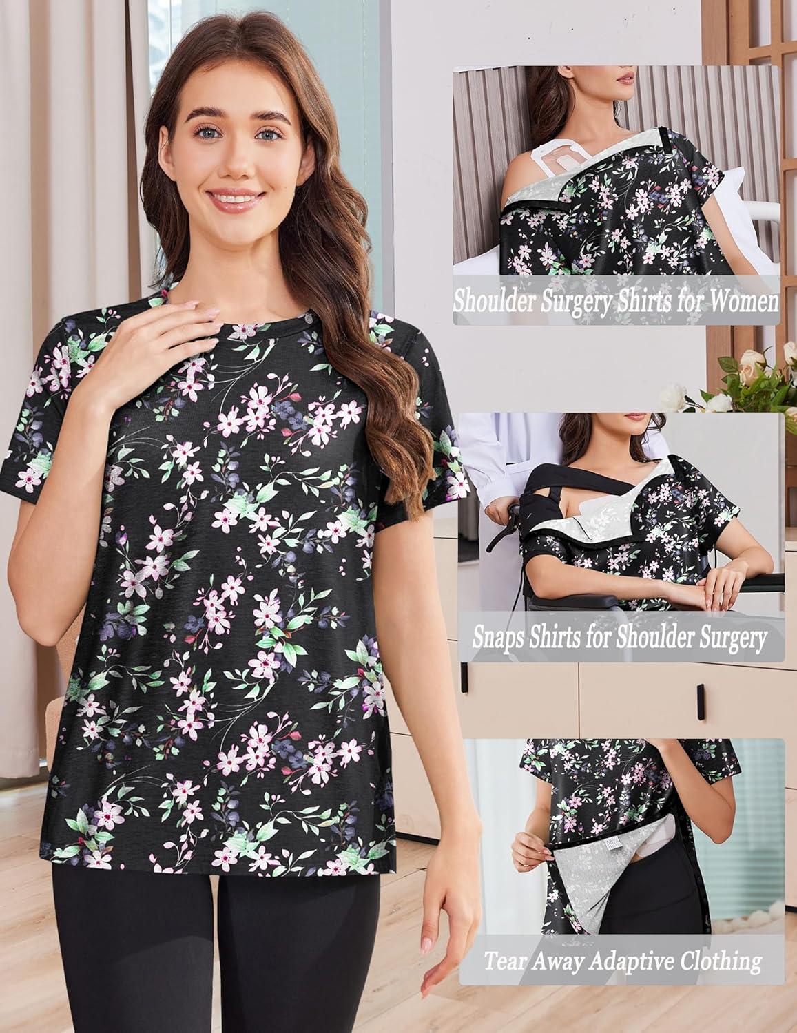 imageDeyeek Post Shoulder Surgery Shirts for Women Tear Away Side Snap Chemo Port Shirts Short Sleeve Adaptive ClothingBlack Print
