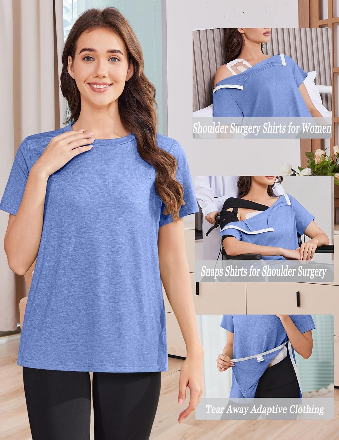 imageDeyeek Post Shoulder Surgery Shirts for Women Tear Away Side Snap Chemo Port Shirts Short Sleeve Adaptive ClothingBlue