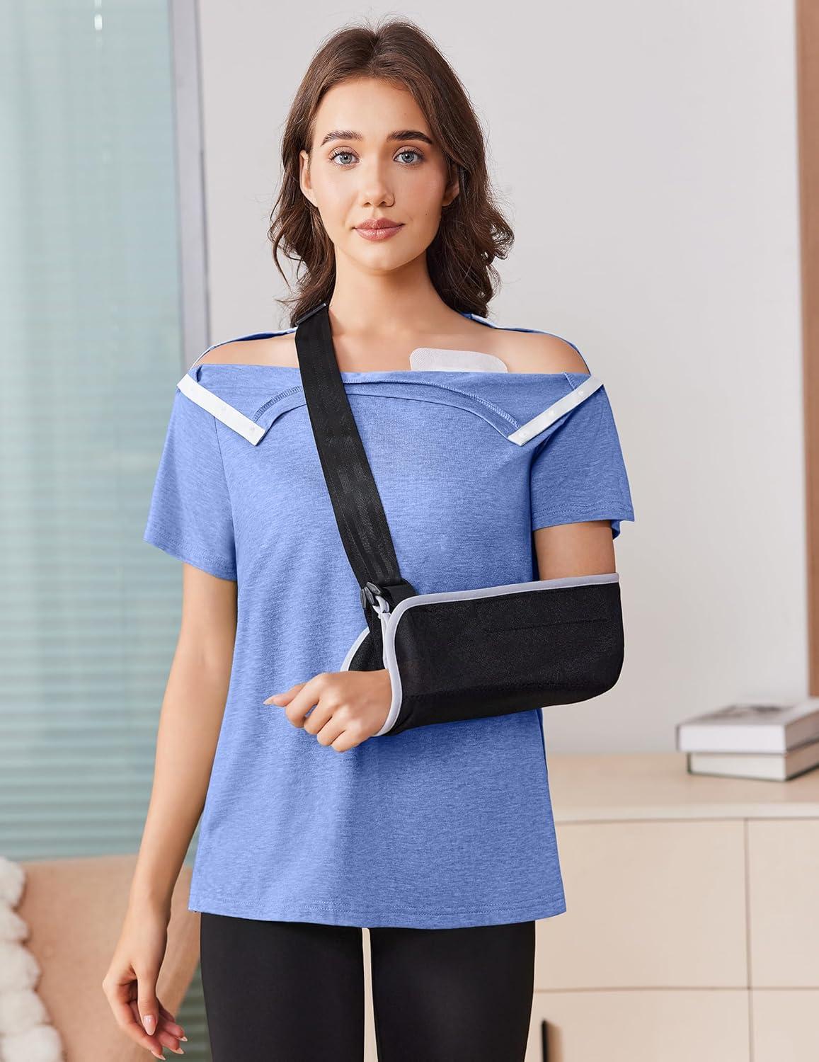 imageDeyeek Post Shoulder Surgery Shirts for Women Tear Away Side Snap Chemo Port Shirts Short Sleeve Adaptive ClothingBlue