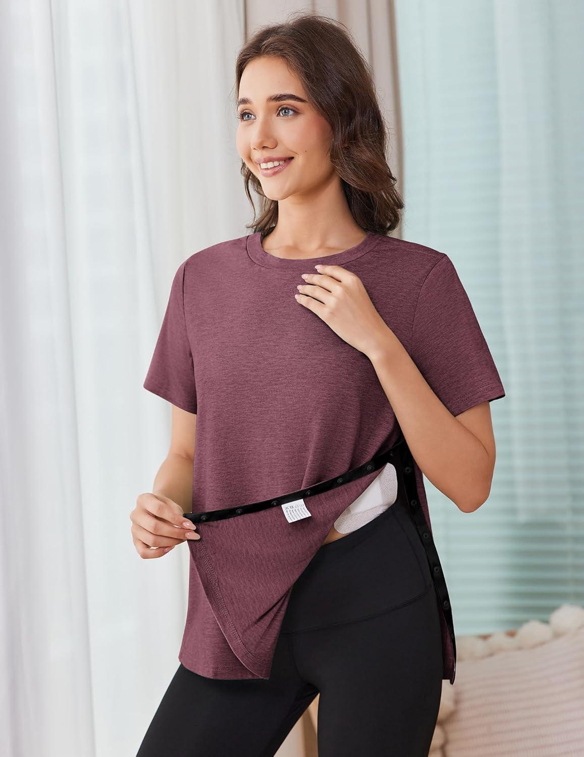 imageDeyeek Post Shoulder Surgery Shirts for Women Tear Away Side Snap Chemo Port Shirts Short Sleeve Adaptive ClothingBurgundy